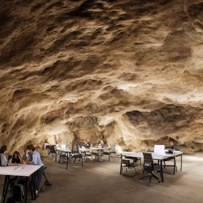 Prompt: hyperrealistic photo of a coworking space in a cave with cave drawings on it, hd