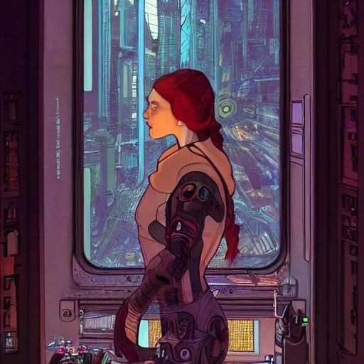Image similar to portrait of cyberpunk woman looking out of a window, cyberpunk setting, futuristic, highly detailed, intricate lighting, digital painting, sharp focus, illustration, trending on artstation, art by alphonse mucha.