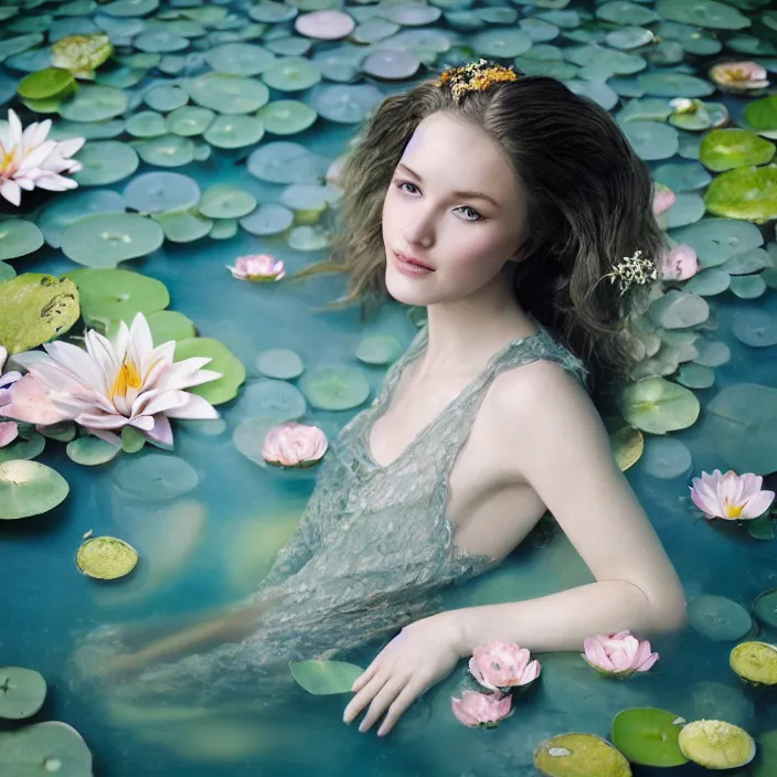 Image similar to Kodak Portra 400, 8K, soft light, volumetric lighting, highly detailed, britt marling style 3/4, photo close-up portrait of extreme beautiful girl floating in water surrounded by lily pads, half face in the water, a beautiful lace dress and hair are intricate with highly detailed realistic beautiful flowers , Realistic, Refined, Highly Detailed, natural outdoor soft pastel lighting colors scheme, outdoor fine art photography, Hyper realistic, photo realistic