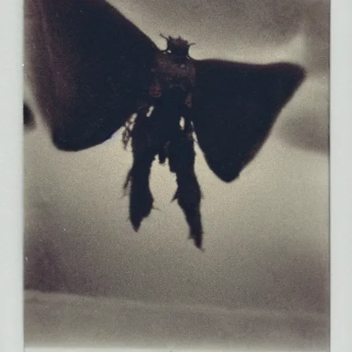 Prompt: mothman flying at the camera, polaroid, blurry, scary, found footage horror, terrifying