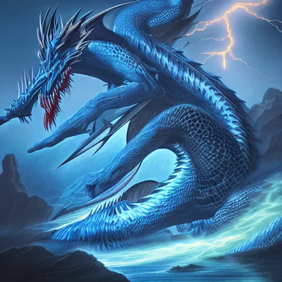 Prompt: blue dragon ghost, lightning, lake background, gerald brom, hyper detailed, 8 k, fantasy, dark, grim