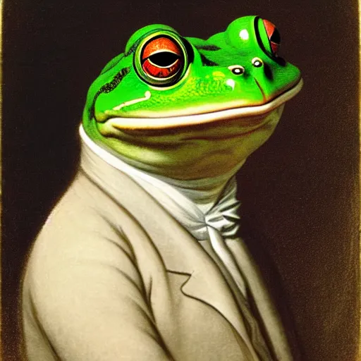 Prompt: a head and shoulders portrait of an anthropomorphic frog wearing a suit looking off camera, a character portrait by john trumbull, american romanticism, soft focus