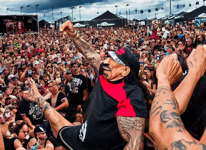 Image similar to photo still of danny trejo at vans warped tour!!!!!!!! at age 6 3 years old 6 3 years of age!!!!!!! stage diving at a crowd, 8 k, 8 5 mm f 1. 8, studio lighting, rim light, right side key light