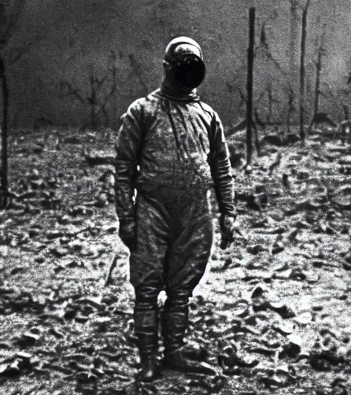 Image similar to man in chemical suit and gasmask at distance in chernobyl, ww1 film photo, grainy, high detail, high resolution