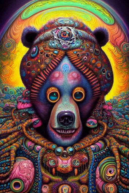 Image similar to hyper - maximalist overdetailed painting of a bear - shaman by hannahy yata caitlin hacket in the style of naoto hattori. artstation. deviantart. cgsociety. surrealism infused lowbrow style. visionary psychedelic fineart. hyperdetailed high resolution render by binx. ly in discodiffusion..