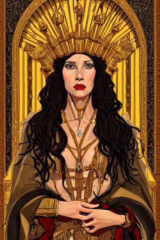 Image similar to Portrait of historically accurate, ancient biblical, sultry, sneering, evil, pagan, wicked, queen jezebel, wearing gilded robes, long hair, intricate, elegant, highly detailed, masterpiece, illustration, art Russian Cubism, highly detailed, trending on artstation, award winning