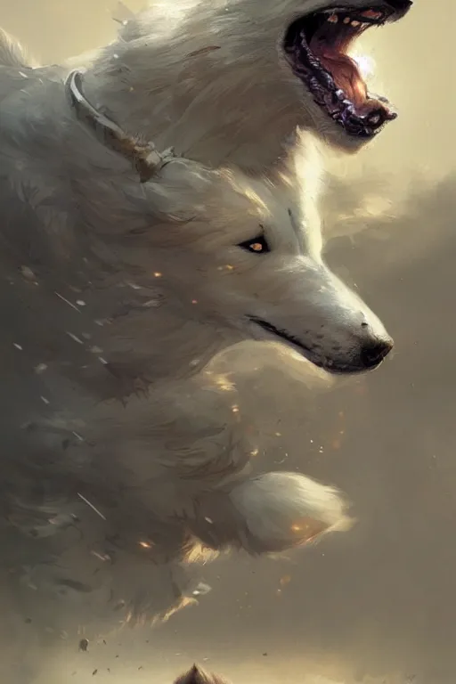 Image similar to comic book cover. heroic samoyed dog by greg rutkowski, trending on artstation