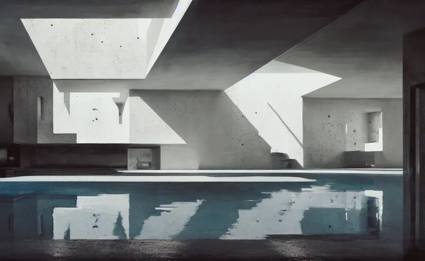 Prompt: painting of interior shot of a white concerete brutalist house with big pools by darek zabrocki and greg ruthkowski, cinematic and cold atmospheric, archillect concept art, artstation, trending on artstation