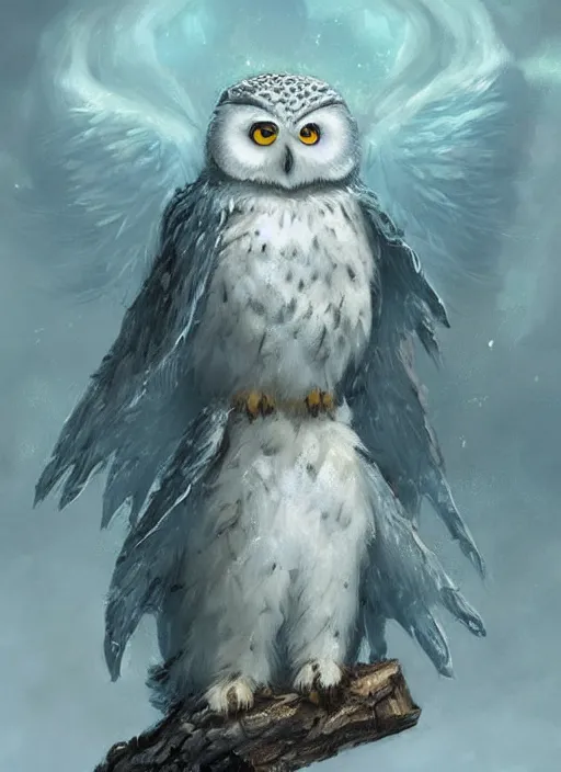 Image similar to cute little anthropomorphic snowy owl poet wearing forgotten crystal, tiny, small, miniature animal, baby animal, short, pale blue armor, cute and adorable, pretty, beautiful, DnD character art portrait, matte fantasy painting, DeviantArt Artstation, by Jason Felix by Steve Argyle by Tyler Jacobson by Peter Mohrbacher, cinematic lighting