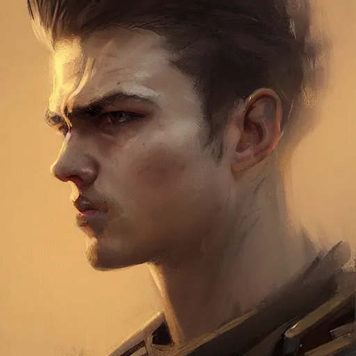 Image similar to Portrait of a man by Greg Rutkowski, he is about 20 years old, mixture turkish and russian, short dark blonde hair with bangs, attractive, angry but resigned look, he is wearing a futuristic tactical gear, highly detailed portrait, scifi, digital painting, artstation, concept art, smooth, sharp foccus ilustration, Artstation HQ.