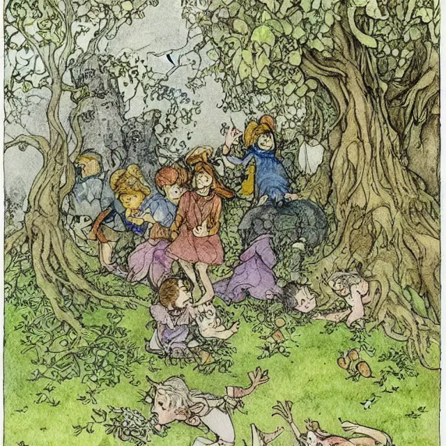 Image similar to a detailed, intricate watercolor and ink portrait illustration with fine lines, of goblins and fairies playing hopscotch on the mossy ground reading under a gnarled tree, by arthur rackham and edmund dulac and ted nutall and mucha