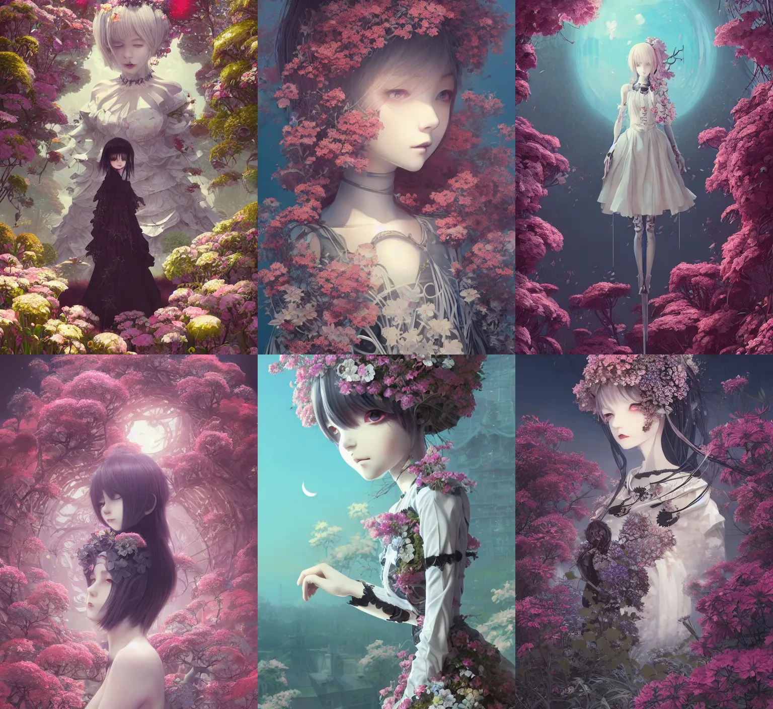 Prompt: detailed, sharp, dreaming humanoid female automata wearing gothic ornament surrounded by flowers floating above a dystopia by Ilya Kuvshinov and Anna Dittmann and studio ghibli and WLOP and Rossdraws, digital art, surreal, trending on artstation, anime arts, featured on Pixiv, blue lighting, HD, 8K, highly detailed, good lighting, beautiful, epic, masterpiece