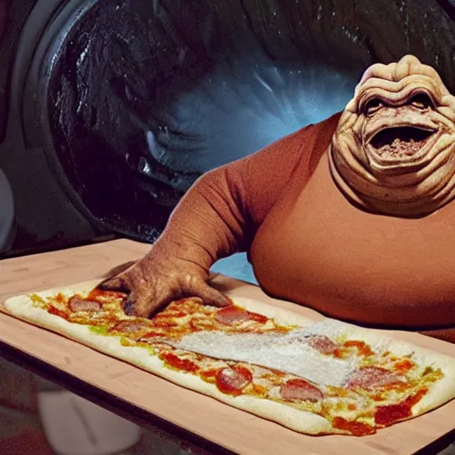 Prompt: A still of Jabba the Hutt making a pizza, 4k, photograph, ultra realistic, highly detailed, professional lighting