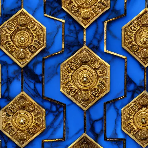 Image similar to an abstract intricately carved marble set with gold flourishes and diamonds of various colors in the form of hexagons against a blue ornate background