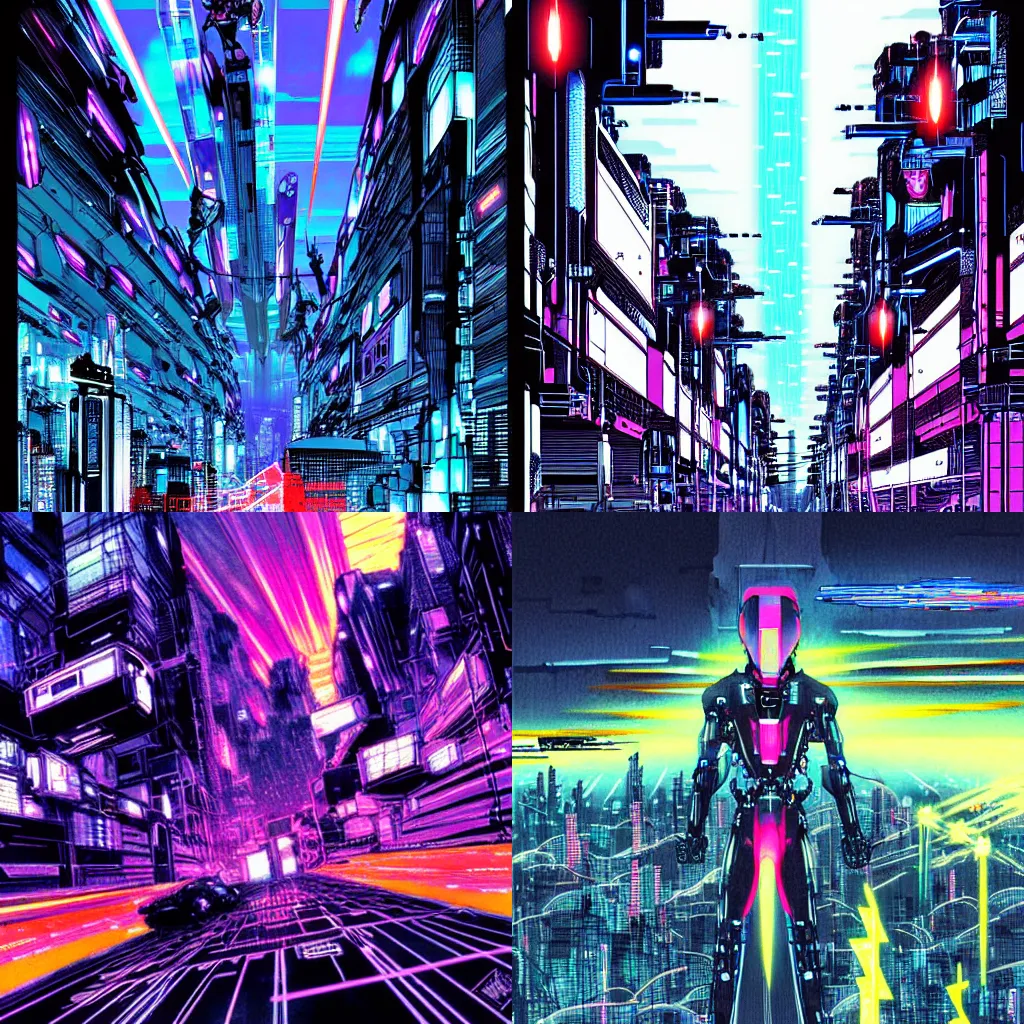 Prompt: thunders in the sky in a future cybernetic city, outrun style and colours, trending on arstation, by nihei tsutomu