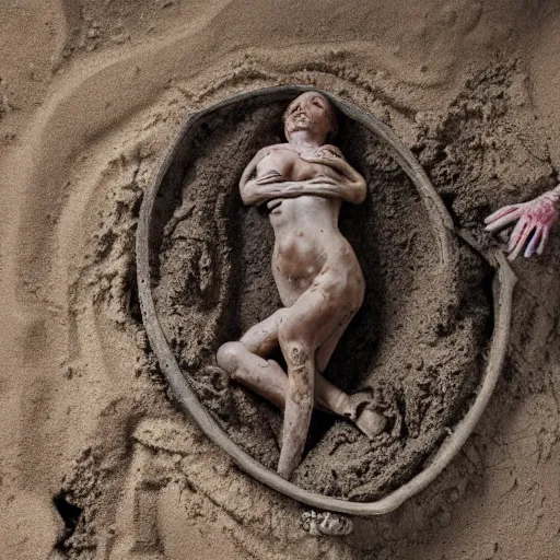 Prompt: overhead view a woman's corpse and a baby buried under sand, mud and rusty pipes, faded, depth of field,, ultra realistic, very detailed, by hans bellmer, 8 k hyper realistic detailed cinematic still