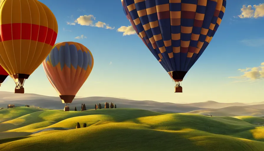 Prompt: a beautiful landscape painting, flying colorful hot air balloons, tuscany hills, by sam guay, moody lighting, hyperrealism, 4 k, octane render