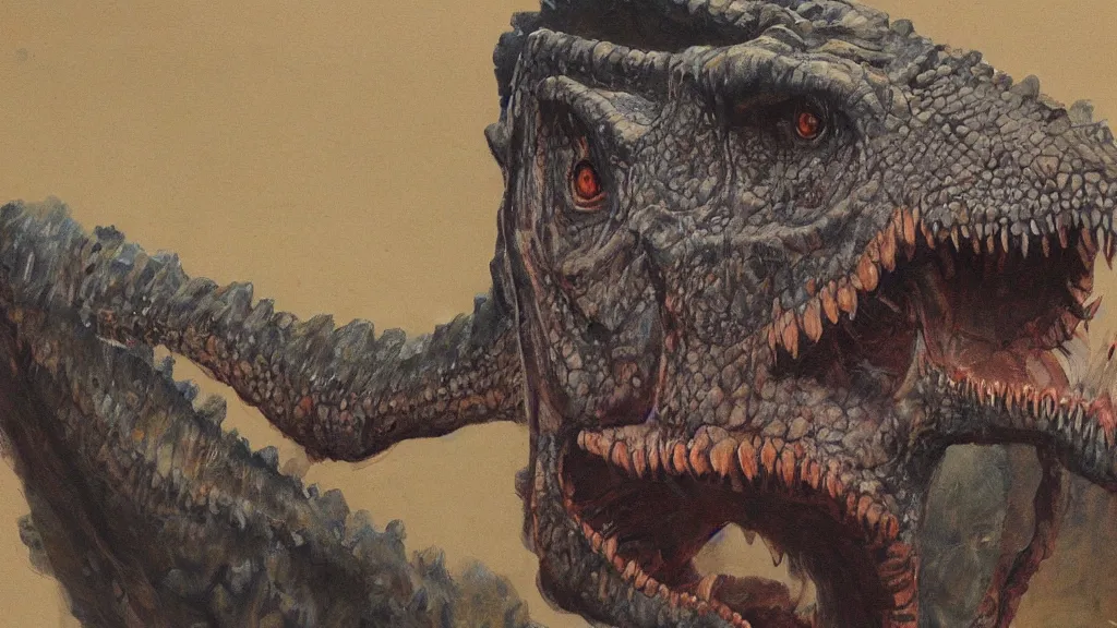 Prompt: a detailed painting of a dinosaur by charles knight