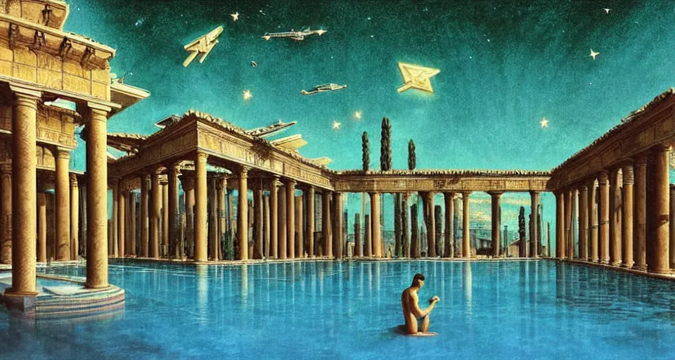 Image similar to a large tiled swimming pool with many palm trees surrounded by roman architecture columns and statues, underneath a star filled night sky, harold newton, zdzislaw beksinski, donato giancola, warm coloured, gigantic pillars and flowers, maschinen krieger, beeple, star trek, star wars, film, atmospheric perspective