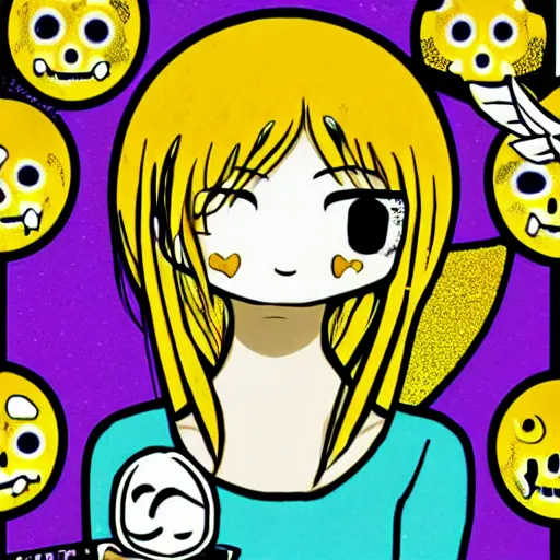 Prompt: portrait of a anime angel happy smiley girl skull face with emoji’s and bubbles detailed highres 4k by Trevor Brown pop art nouveau