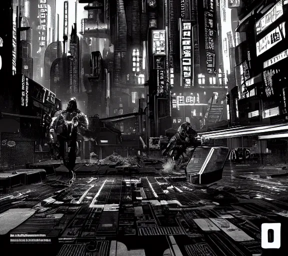 Prompt: a black and white illustration of a cyberpunk epic Friday night firefight in the style of MC Escher, Night City, cyberpunk 2077, 1979 OMNI Magazine Cover, very very coherent, street level neo-Tokyo in Cyberpunk 2045, 4k, 8k, HD, trending on artstation