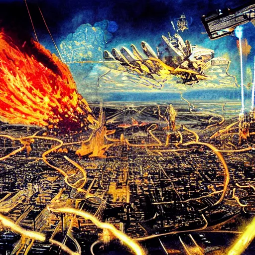 Image similar to aerial view of the full - metal irisdiscent hindenburg disaster, santiago of chile, pixeled fire from a fragmented neon - wired reality, matte painting by yoji shinkawa, esao andrews, yoshitaka amano and ryuichi sakamoto