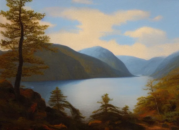 Prompt: norwegian fjords in the style of hudson river school of art, oil on canvas