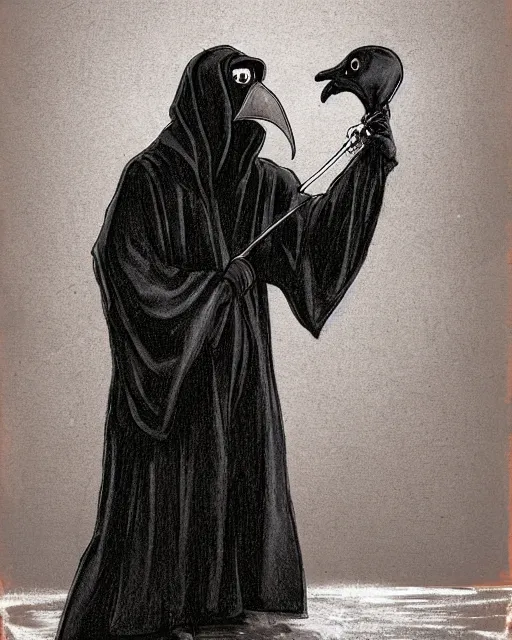 Prompt: a man in black hooded robes holding a plague doctor mask in hand, detailed art by greg rukowtski