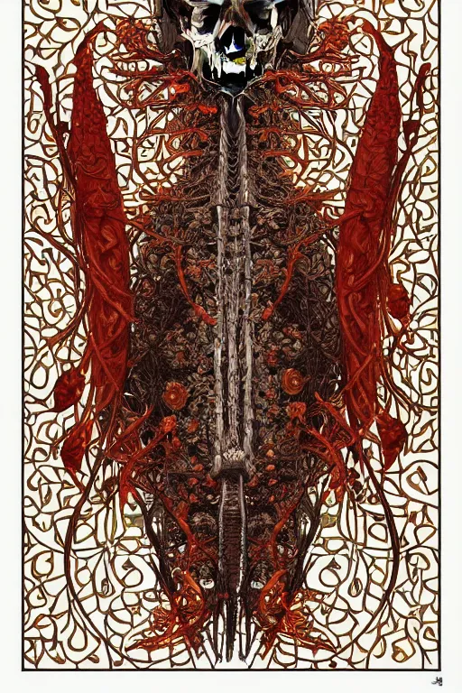 Image similar to intricate anatomical skeleton of a crow, crow skull, background consists of interwoven varities of superhot chili peppers, entanglement, -no human, bhut jolokia, carolina reaper, trinidad scorpion, voronoi, fibonacci sequence, leaves, by Moebius,Alphonse Mucha, peter mohrbacher, hiroshi yoshida, Art Nouveau, cgsociety, concept art, tweed colour scheme, psychedelic, complementary colour scheme, 3d