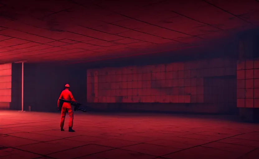 Image similar to in-game screenshot of a dark red hazmat scientist holding a gun walking on unreal engine 5, in a liminal underground garden, photorealistic, octane render, retrofuturism, brutalism, staggered terraces, minimalist, soft vintage glow