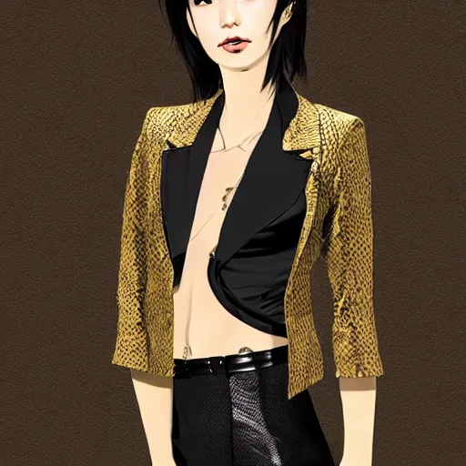 Image similar to yakuza slim girl, gold suit jacket in snake print, jacket over bare torso, yakuza tattoo on body, black short curtain haircut, black leather pants with black belt, elegant, 2d, ultra highly detailed, digital painting, smooth, sharp focus, artstation, art by Ilya Kuvshinov