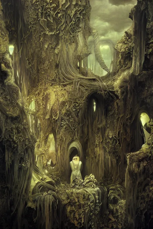 Prompt: ultrarealistic surreal nightmares, detailed digital matte painting, dark atmosphere, vivid color, rainbowshift, reflections, by h. r. giger, brian froud, maxfield parrish, and alphonse mucha, octane render, cgi