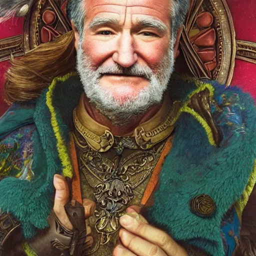 Image similar to an ultradetailed portrait of robin williams dressed as sheogorath, floating in the air with magic, the elder scrolls, fantasy, intricate, elegant, highly detailed, digital painting, matte, sharp focus, illustration, art by john collier and albert aublet and krenz cushart and artem demura and alphonse mucha