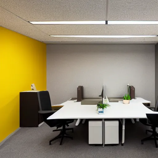 Prompt: an empty office with no windows or doors, brown damp carpet yellow walls, and florescent lighting