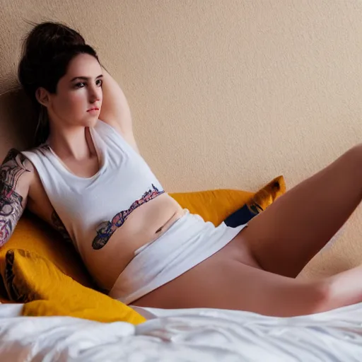 Prompt: young beautiful white woman with a large tattoo of spongebob face tattoo, relaxing in bedroom watching tv, photorealistic,8k, XF IQ4, 150MP, 50mm, F1.4, ISO 200, 1/160s, natural light
