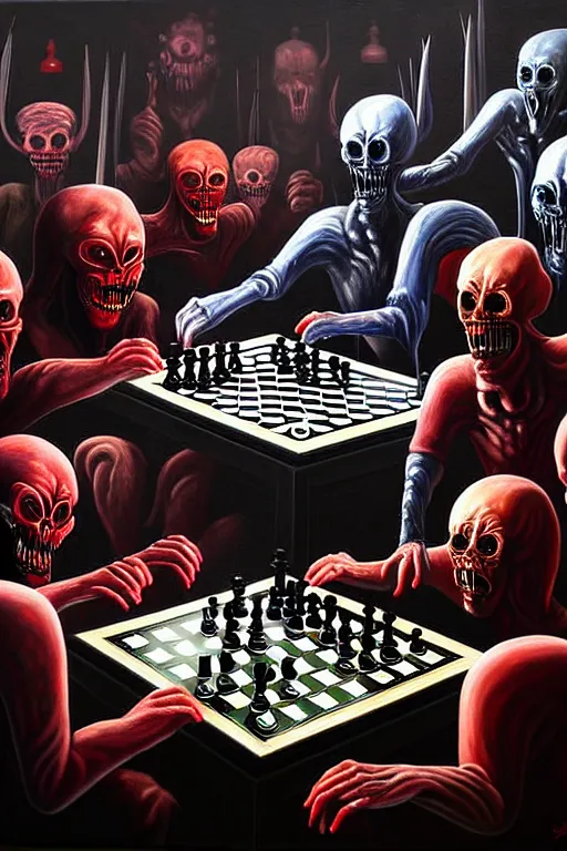 Image similar to a hyperrealistic painting of a game of chess played by nightmare creatures, cinematic horror by jimmy alonzo, the art of skinner, highly detailed, vivid color,