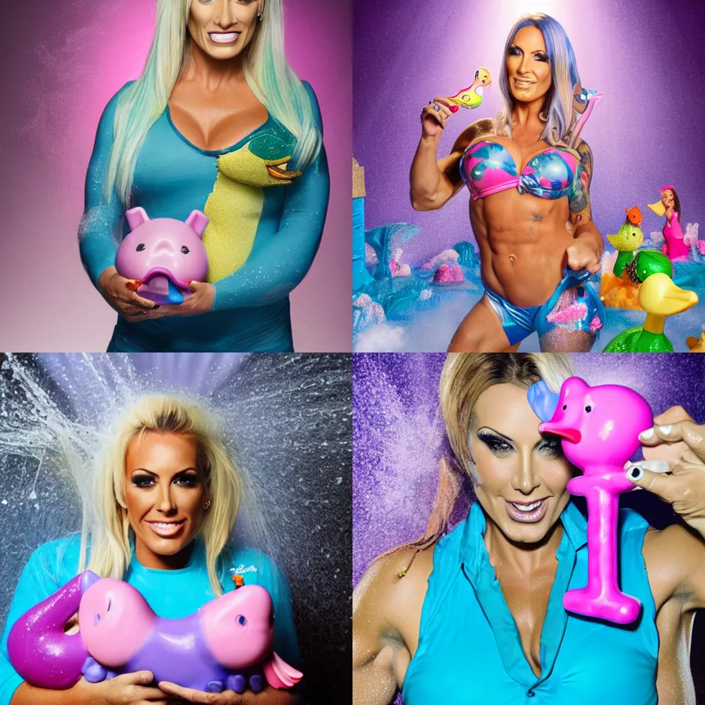 Prompt: Jodie Marsh with a duck and Percy Pig, by Thomas Kinkade dramatic lighting, water spray, glistening