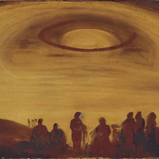 Prompt: traditional sami art by alberto burri, by j. m. w. turner apocalyptic, tired. the digital art shows venus seated on a crescent moon. she is surrounded by the goddesses ceres & bacchus, who are both holding cornucopias.