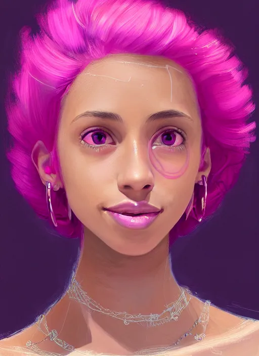 Image similar to portrait of teenage vanessa morgan with bright pink hair, vanessa morgan, curly pixie cut hair, wearing a purple breton cap, breton cap, subtle confident smile, hoop earrings, intricate, elegant, glowing lights, highly detailed, digital painting, artstation, concept art, smooth, sharp focus, illustration, art by wlop, mars ravelo and greg rutkowski