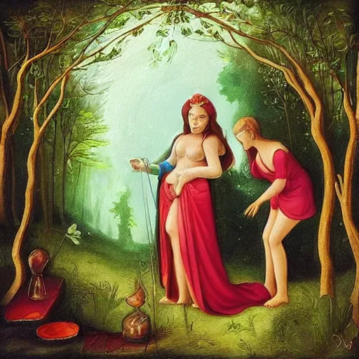 Image similar to “ sensual medieval nurse treating young goddess in a magical forest, artwork, fantasy ”