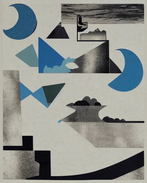 Image similar to A collage of a river reaching to the moon, mid-century modern, made of random shapes cut from magazines