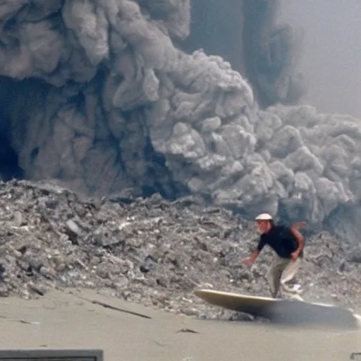 Prompt: a closeup photograph of a laughing george w bush surfing on the pyroclastic cloud of the collapsing world trade center debris as if it were a wave on 9 / 1 1 / 0 1