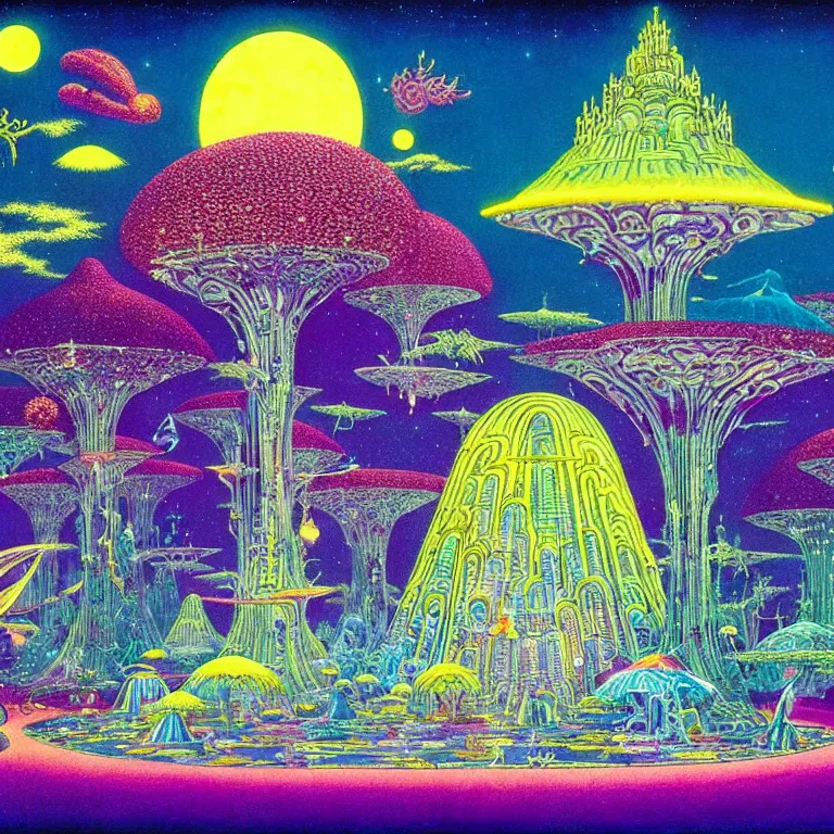 Image similar to mysterious ufo hovering over magical crystal temple, bright neon colors, highly detailed, high resolution, cinematic, hiroo isono, tim white, philippe druillet, roger dean, lisa frank, aubrey beardsley, ernst haeckel