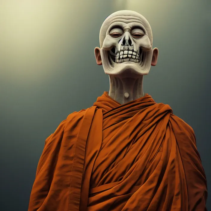 Image similar to portrait of Buddhist Monk as skeleton. intricate abstract. intricate artwork. by Tooth Wu, wlop, beeple, dan mumford. octane render, trending on artstation, greg rutkowski very coherent symmetrical artwork. cinematic, hyper realism, high detail, octane render, 8k, chrome accents