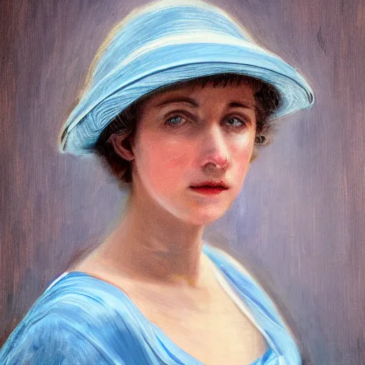 Image similar to portrait painting of a lady in a light blue dress 1 9 0 0 s entire face shown in great detail, looking at the camera, blonde hair, garden, photorealistic, extreme detail, sharp focus, 8 k, intricate, hyper detailed, realistic, cinematic lighting