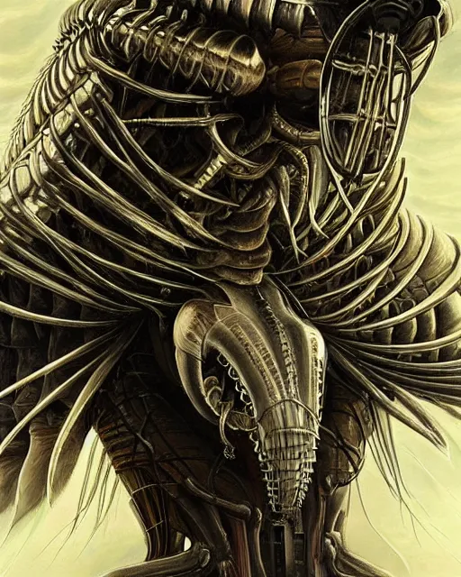 Prompt: death is swallowed up in victory, very detailed and beautiful portrait of a giant mechanical wasp, screaming with fear, giant mechanical bird, artwork by artgerm, art by h. r. giger