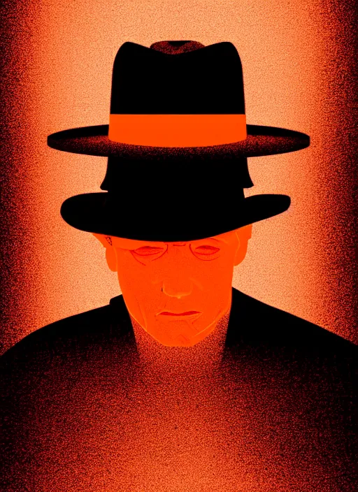 Prompt: habitat 67 on fire, portrait of a lone man in a hat, Mads Berg, Karolis Strautniekas, film noir, stippled light, dramatic lighting,editorial illustration, detailed,fine texture, matte print, dark orange, red, black