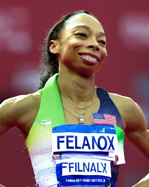 Prompt: allyson felix, at the 2 0 0 - meter starting line, olympic trials, sports photography in the style of neil leifer, bokeh