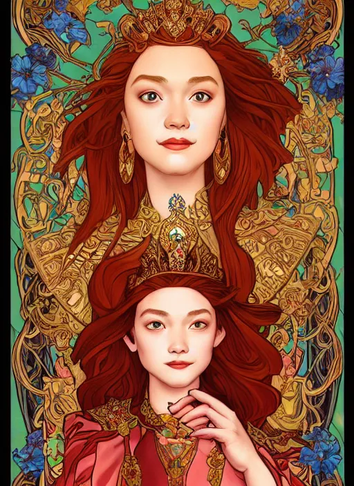 Prompt: well - lit art nouveau portrait of queen sirikrit of thailand who resembles sadie sink with red hair as a princess with intricate, ornate jewelry, natural lighting, path traced, highly detailed, high quality, cartoon, digital painting, by don bluth and ross tran and studio ghibli and alphonse mucha