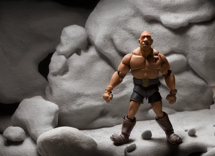 Prompt: medium format photograph of a dwayne johnson claymation action figure in a fantasy castle, detailed, by erwin olaf, joop geesink, wes anderson, jim henson, brian froud, breathtaking, 8 k resolution, beautiful lighting, studio light, extremely detailed, establishing shot, realistic materials, hasselblad, hyperrealistic